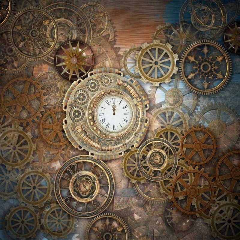 AOFOTO 7x7ft Retro Steampunk Backdrop Old Metal Gear Clock Vintage Cogwheels Photography Background Rusty Steam Machine Nostalgia Party Decoration Photo Studio Props Wallpaper Adult Man Woman Portrait - Image 1